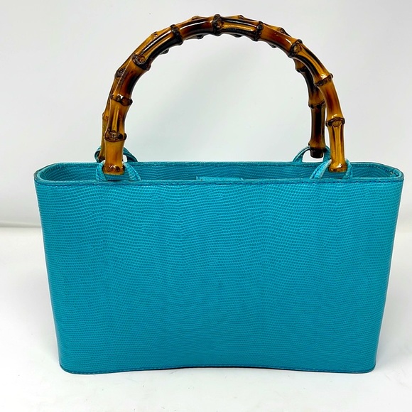 Talbots Vintage 1980s Teal Leather Bamboo Bag - Picture 7 of 16